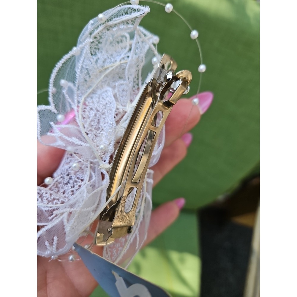 Hair Barrette Bridal Flower Pearls Spray Headpiece Wedding Lace Pink 80s Y2K - Picture 7 of 7